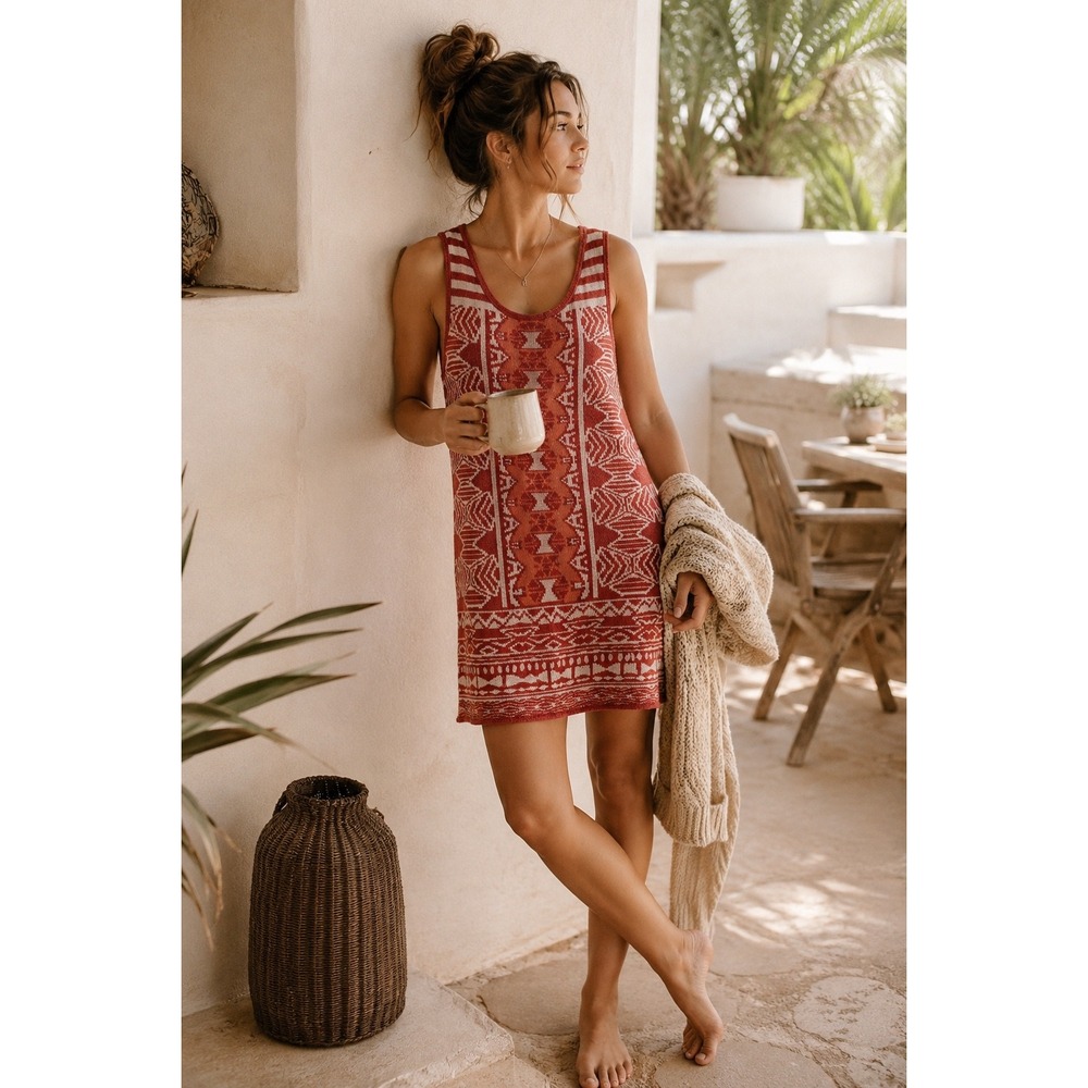 Krimson Klover Knit Tunic Mini Dress Women L Geometric Southwestern Sleeveless